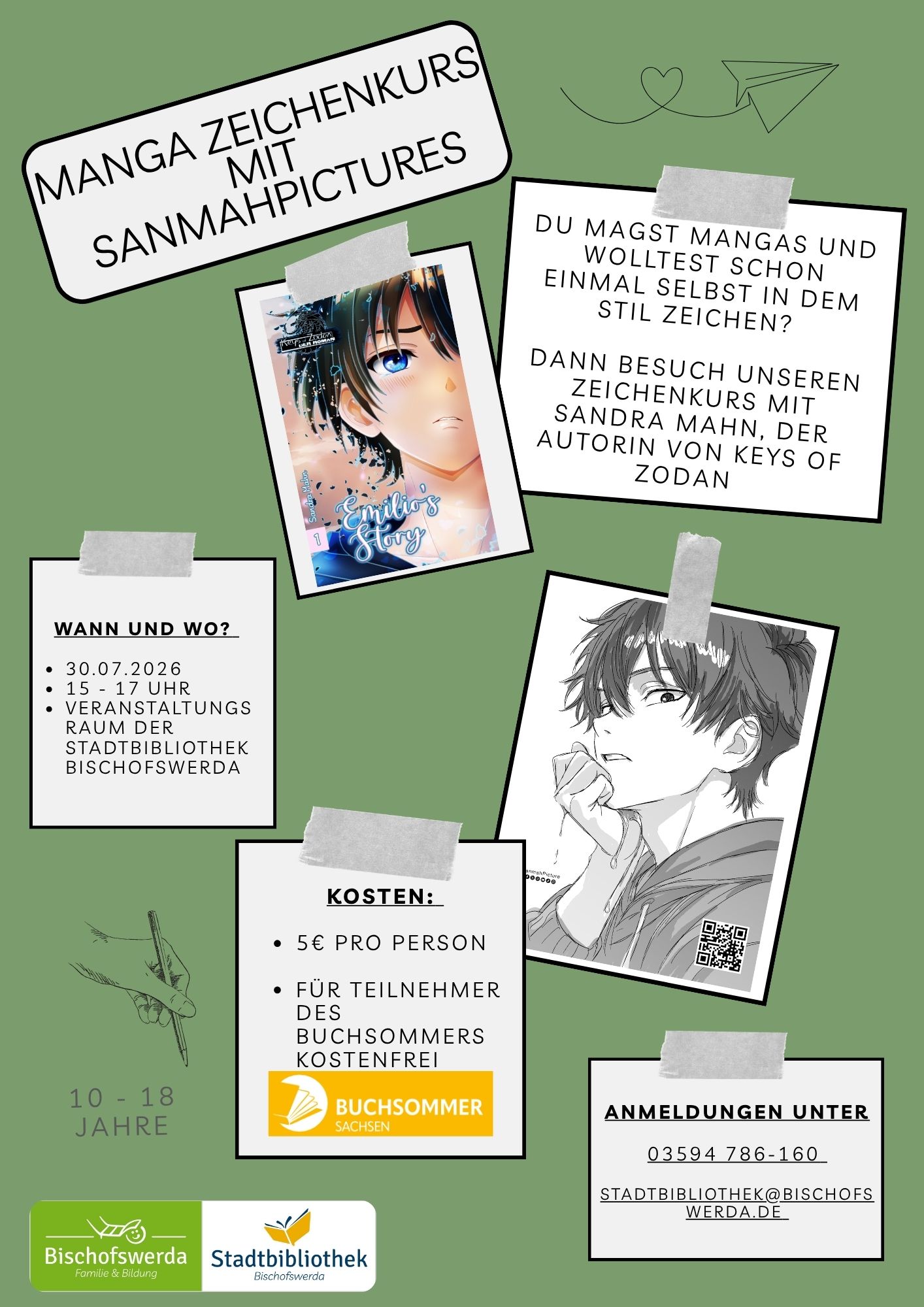 Informationsplakat zum Manga-Zeichenkurs mit SanmahPictures in der Stadtbibliothek Bischofswerda