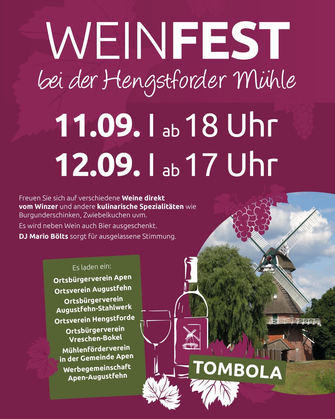 Weinfest an der Hengstforder Mühle in Apen mit Wein, Musik und Tombola